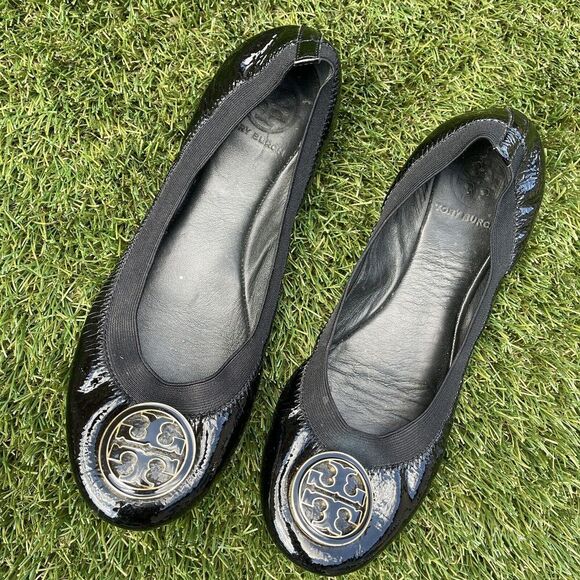 Tory Burch Caroline Black Patent Leather Ballet Flats Size 7.5M - Picture 1 of 4